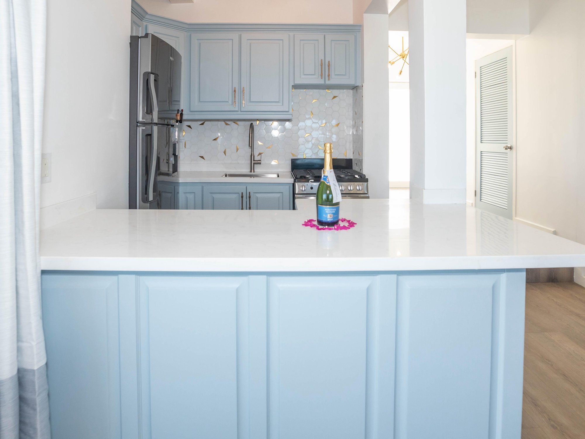 Full kitchen: gas range, big fridge, quartz counters